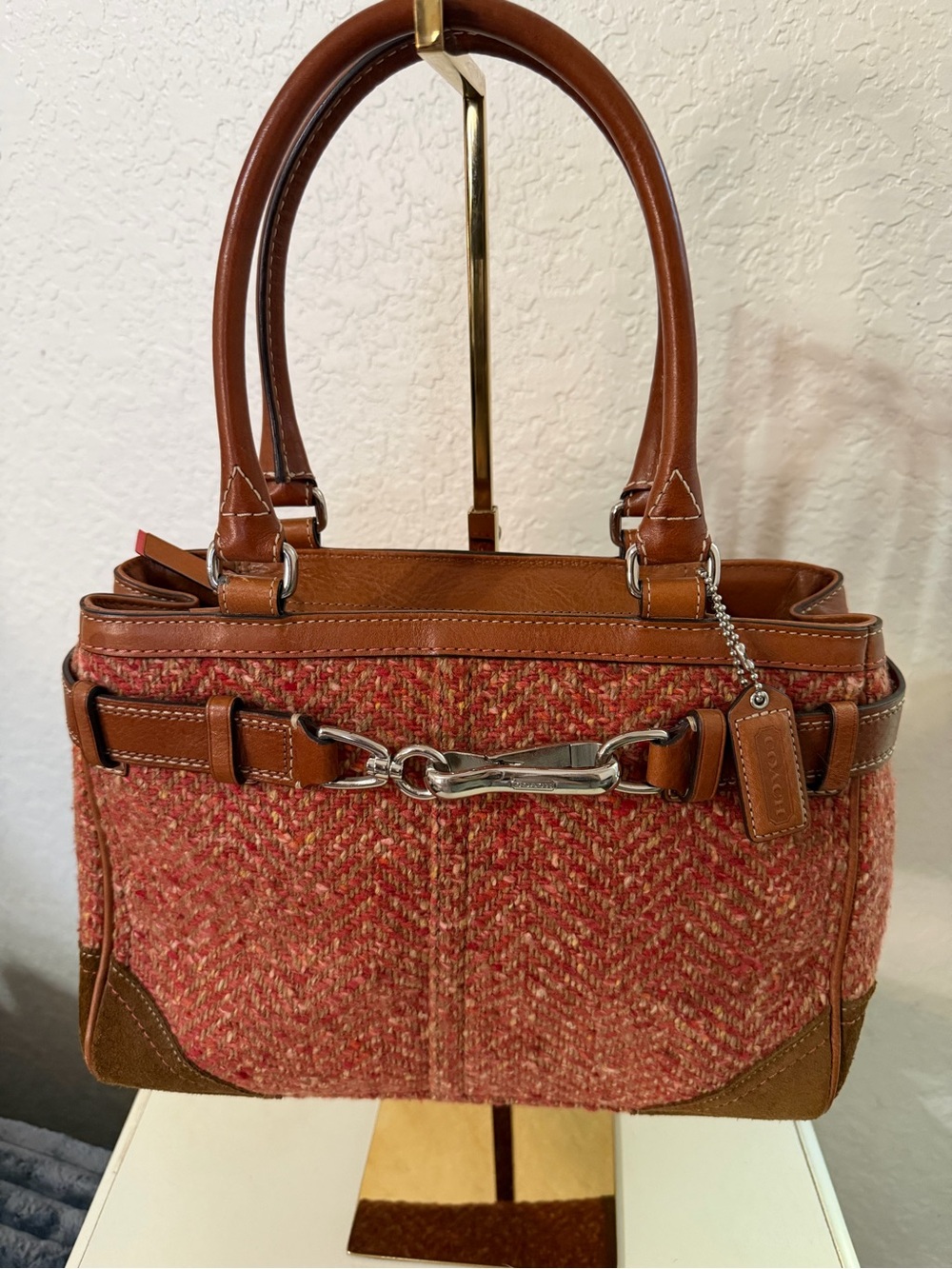 Coach Hampton Rose Brown Tweed Satchel Bag